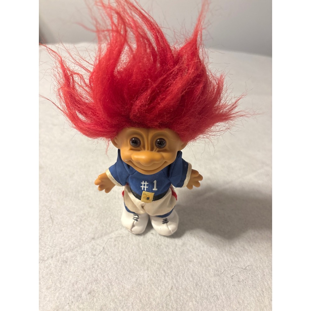 Vintage Troll Doll Red Hair Sports Uniform #1‎ Jersey Blue White 3 inch Figure